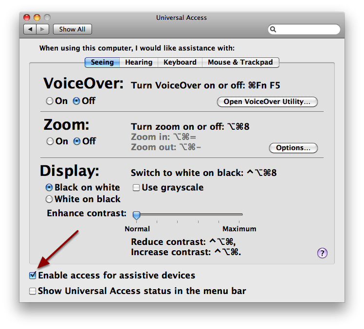 enable access for assistive devices in mac 10.12